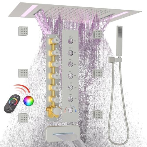 GETSHOWERSET Multi Functions Thermostatic Shower Mixer Set with 6pcs Body Jets and Spray, Brass Concealed Shower System with LED Large 3 In 1 Modes 14x20inch Rain Shower Head and Spout, Brushed Nickel