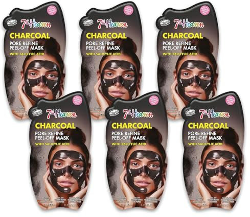 7th Heaven Charcoal Peel Off Face Masks (Pack of 6). Pore Refining Charcoal Face Masks Peel Off, Formulated with Salicylic Acid, Vegan Pamper Gifts for Women - Genuine 7th Heaven Skincare