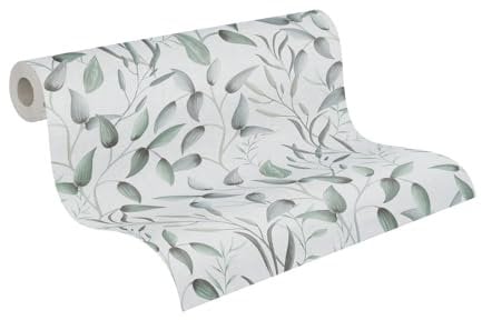 A.S. Création PrintWalls Vliestapete mit Rankenmotiv 0,53 x 10,05 m – Grün, Weiß, Grau – Tapete mit Blätter-Motiv Made in Germany - 397452