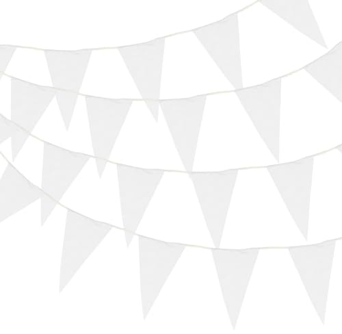 QUARKZMAN 30M/50ft Weiße Wimpelgirlande zum Aufhängen mit 30 Stück Dreiecksfahnen Wimpelgirlande für Outdoor-Garten-Hochzeits-Geburtstagsparty