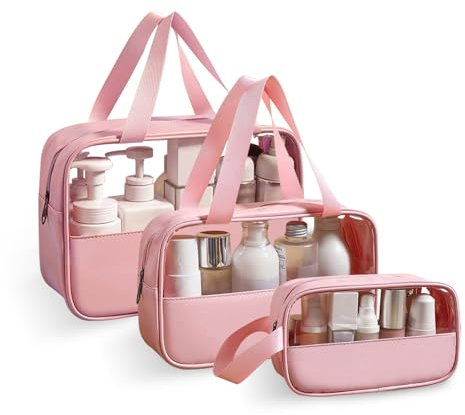 BUTISHIYU 3 Pièces Trousse De Toilette Transparente, Trousse De Toilette Voyage,Makeup Bag, Imperméable Sac Cosmétiques (Rose)