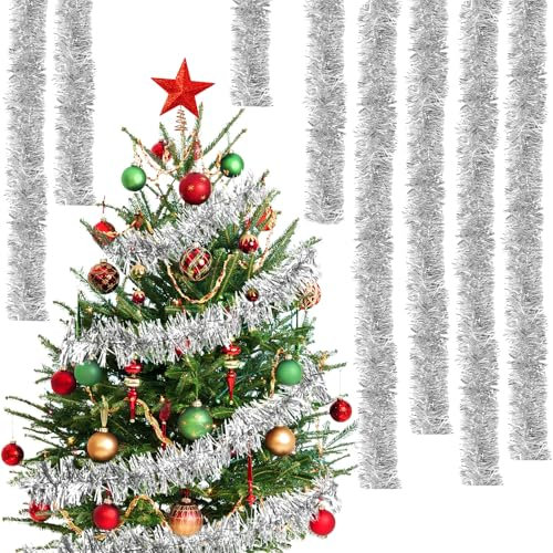 ZoneYan Guirnalda de Oropel de Navidad, 2m*5pcs Espumillon para Árbol, Decoración Colgante, Adornos para Escaleras Paredes Ventanas Fiestas (Plata)