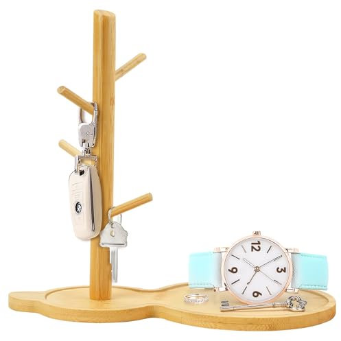 XINGYATU Wood Key Tree Tray for Entryway Table, Office Catchall Tray with 4 Stand Hanging Organizer, Bathroom Bedroom Jewelry Tray for Rings, Bracelets Watches