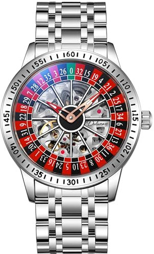 MASTOP Roulette Rad Herren Uhren Automatische Mechanische Uhr für Männer Swinging Rotary Dial Design Hollow Skelett Uhren Edelstahl Wasserdicht Business Armbanduhr, silber, Roulette-Rad-Armbanduhr