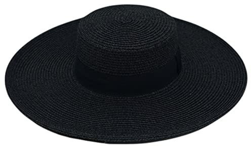 HJUGHPN Chapeaux de soleil noirs à grand bord pour femme - Chapeau de paille rétro français