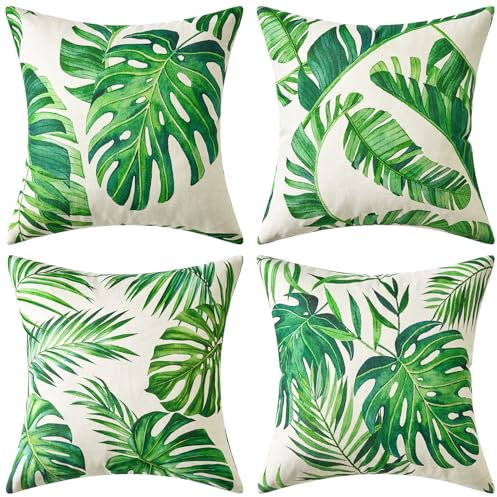 MIULEE 4er Set Wasserfeste Kissenbezüge Outdoor Kissenbezug wasserdichte Kissenhülle Gedruckte Outdooorkissen Dekokissen für Balkon Hof Terrasse A-Blatt 40X40CM