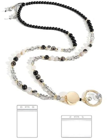 Ousidiman Cordon en perles pour clés et badges, porte-cartes, collier en pierre naturelle pour femme