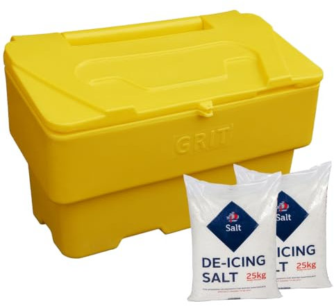Generic Lockable Yellow Grit Bin - 100cm x 52cm x 61cm, 190kg Capacity, Includes 150kg White De-Icing Salt