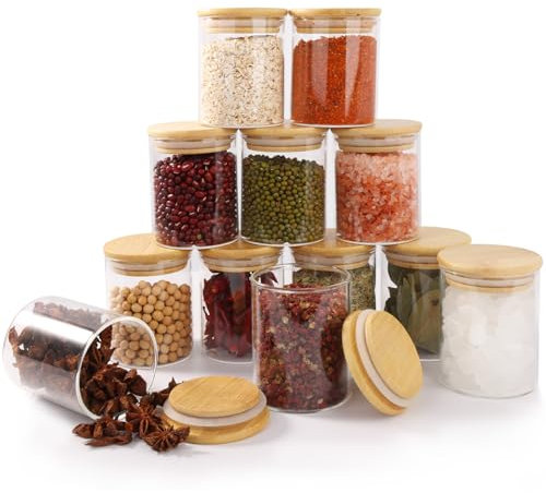 FoiiLiio 12 Bocaux à Épices Ronds en verre 200 ml avec couvercle en Bambou, RéCipient à ÉPices, Ensemble de Pots à ÉPices, Boite a Epices Cuisine Rangement avec Étiquettes Vierges