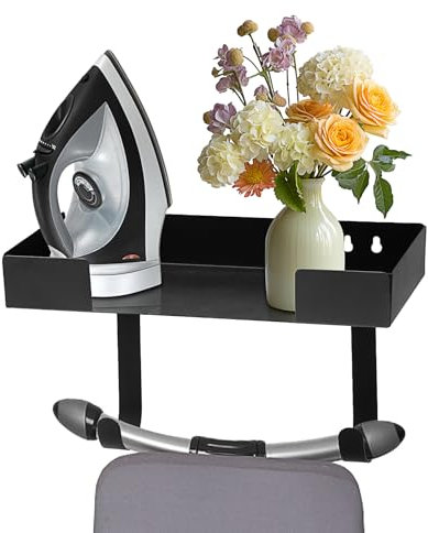 Yallmie Soporte para Tabla de Planchar, 15.7×32cm Soporte Tabla Planchar con Cesta de Almacenamiento y Ganchos, Colgador Tabla Planchar Soporte para Plancha y Tabla Pared para T/Y Forma