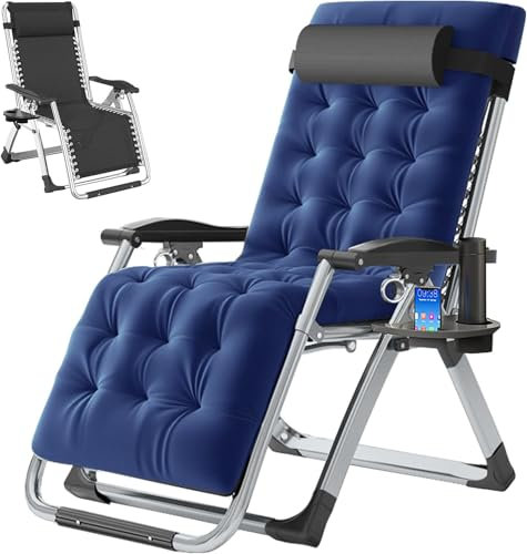 ZIKEBTUY Klappstühle Sonnenliege Belastbar bis 200 kg Garten Zero Gravity Chair Gartenstuhl Klappbar Relaxliege Einstellbarer Winkel Gartenliege mit Matratze, Kissen und Seitentasche (1, Blau)