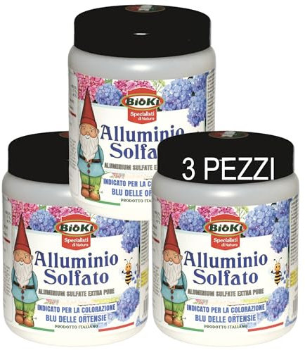 Bioki Alluminio Solfato per i fiori delle Ortensie Blu, Acidificante per Terreno, Set da 3 Pezzi per un totale di 1,5 Kg.