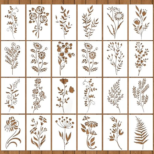 soitzhoc 24 Sheets Stencils for Painting on Wooden Boards,Flower Stencils for Walls, for Crafts Reusable,Painting templates,for on Wood, Walls, Furniture