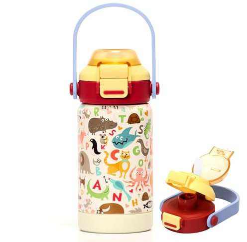 pluseight Kinder Isolierte Wasserflasche mit Strohdeckel, 350 ml BPA-freie Doppelwand Vakuum Tumbler 18/8 Edelstahl Leck Proof Kinder Tassen mit Stroh für Schule Reise Jungen Mädchen (Tier)