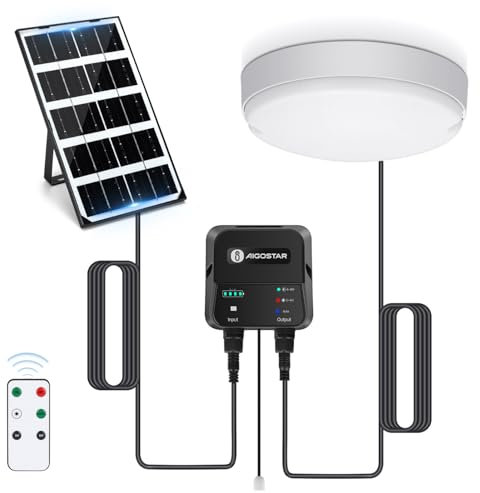 Aigostar Luz Solar Interior Exterior 35W Plafón LED Techo Solar con Caja de Almacenamiento de Energía, Mando a Distancia, IP65 Impermeable, Cable de 8m, Ajustable 6500K