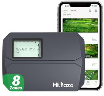 HiOazo Programador Riego WiFi 8 Zonas, Salto Automático por Clima, Cálculo de Consumo Agua, 16 programas de riego, Protección contra Golpe de Ariete, Riego Manual para Jardín, Césped, Patio, HSC-800W