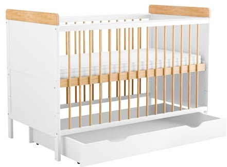 Generisch Baby Delux Babybett 60x120 weiß Kiefer Natur Ella Kinderbett umbaubar zum Juniorbett Schublade Matratze