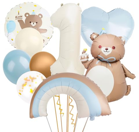 Tutukyle Kindergeburtstag Deko 1 Jahr Bär Set- Blau 1. Geburtstag Junge mit Folienballons Herz Regenbogen Zahlen Luftballon 1, Ballons für Kinder Geburtstagsfeier