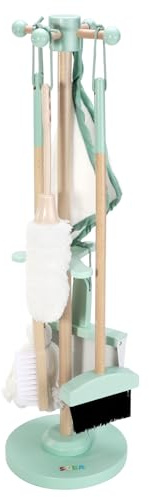 SOKA Wooden Toy Cleaning Kit Pretend Play Household Toy Set Includes Dustpan Broom Mop Brush Duster Towel Hanging Design Playhouse Games for Kids Toddlers Children Little Girls Boys Ages 3 year old +