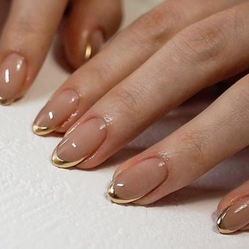 24 Pieces Press on Nails Almond - Gold Edge False Nails Short - 12 Sizes Fake Nails with Glue - Nude Color French Tip False Nails - Strong Removable Full Cover Stick on Nails for Women Daily Wear