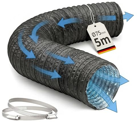 Relaxdays Abluftschlauch, 2 Schellen, Ø 75 mm, 5 m, PVC, Aluminium, schwarz | gasdicht, temperaturbeständig, Luftrohr