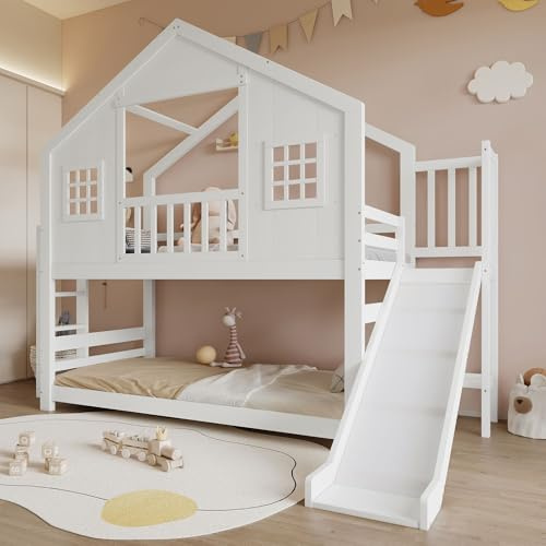 DHHU Lit superposé 90 x 200 cm avec Toboggan pour Enfants, Design soigné des fenêtres et du Toit, sommier à Lattes Robuste et marches, pin, MDF et contreplaqué