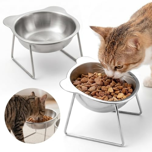 2PCS Raised Cat Bowls, Stainless Steel Elevated Cat Food Bowls, Whisker Friendly, Dishwasher Safe, Kitten Bowls for Wet & Dry Food