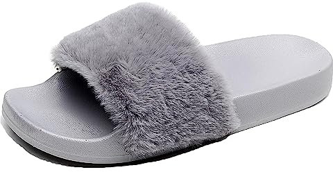 AioTio Pantofola di pelliccia del Faux Flop delle donne Fuzzy Fluffy Comfy Sliders Aprire la punta Slip on(EU41 Grigio)