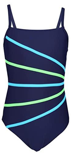 Aquarti Mädchen Badeanzug, Dunkelblau/Streifen Neongrün Hellblau, 146