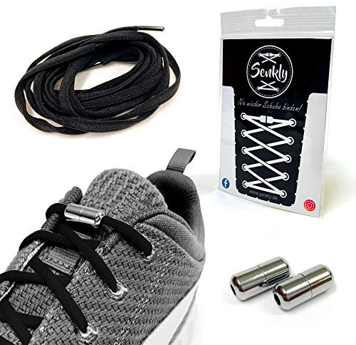 Senkly Elastische Schnürsenkel mit Metallkapsel für Sneaker (Schwarz-Silber)