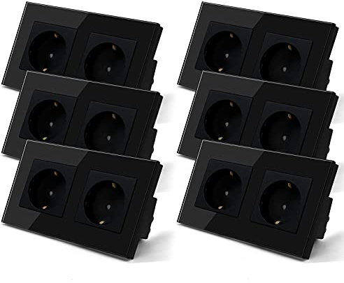 BSEED Schuko Steckdose, 2 Fach Unterputz-Steckdose, Kristall Glas Wandsteckdose Steckdose Glas schwarz, 16A Doppelte Schutzkontakt-Steckdose 157mm (6 Pack)