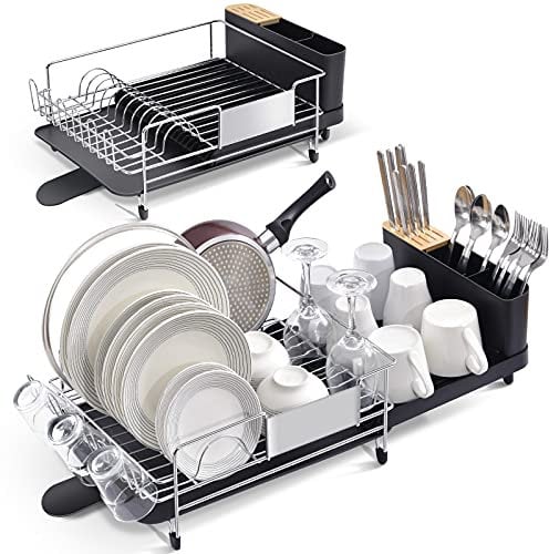 Dish Drainer Rack, Stainless Steel Dish Drying Rack, Expandable Kitchen Dish Rack, Large Capacity Draining Board Rack with 360 Swivel Spout, Black