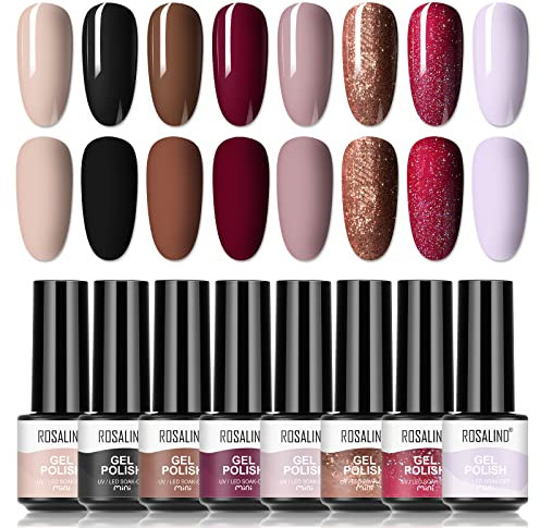 ROSALIND Esmalte Semipermanente de Uñas en Gel UV LED,8 pcs de Pintauñas Semipermanentes Rosa Nude Negro Marrón Rojo Glitter Color Mini Esmalte de uñas en Gel Set