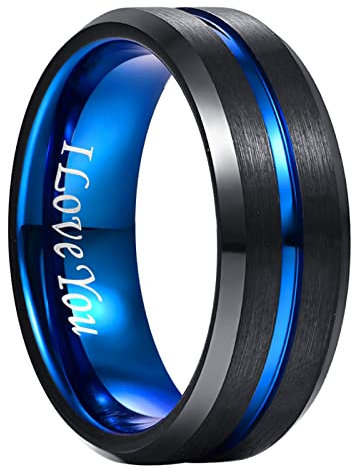 NUNCAD Ring Herren Damen Schwarz Blau Wolfram Unisex Ring Partner Schwarzer Hochzeitsring Verlobungsring Graviert I Love You Größe 60
