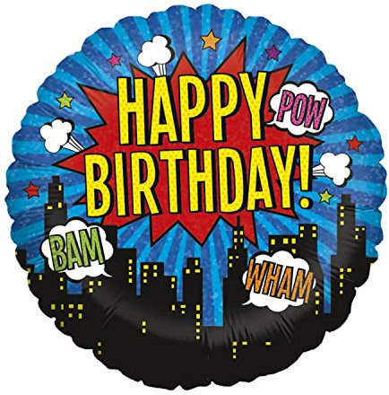 Party Factory Folienballon Happy Birthday Comic, Ø 45cm, bunt, Superhelden Heliumballon, Luftballon, Geburtstag, Party, Deko