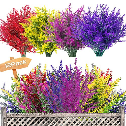 12 Bundles Outdoor Artificial Flowers UV Resistant Fake Plants, Faux Plastic Lavender for Indoor Outside Garden Home Wedding Farmhouse Decor (Mixed Color)