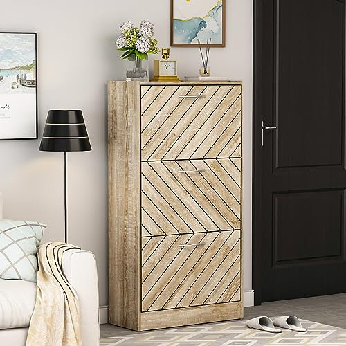 DEZAGCE Schuhschrank mit 3 Klappen, Schuhregal schmal, Schuhkipper, Schuhschränke mit 3 Etagen für 18 Paar Schuhe, Schuhschrank mit verstellbaren Laminaten, Grau, MDF, 107 X 54 X 24 cm