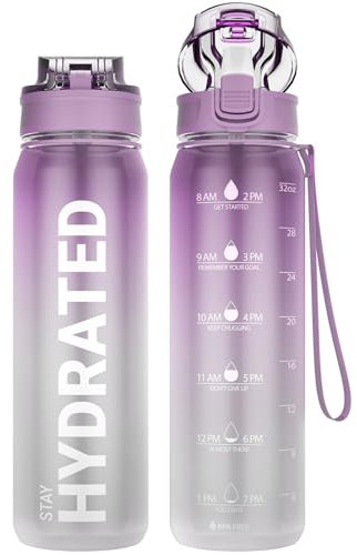 Sahara Sailor Trinkflasche, 1L Sport Trinkflasche Weithals mit Abnehmbarem Strohhalm und Silikonausguss, 1 liter Motivation Trinkflasche mit Zeitmarkierung, Tritan, BPA Frei (1 Flasche)