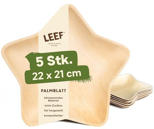Leef 5x Palmblatt Teller Stern - Deko und Snack Schale kompostierbar und naturbelassen - 22 x 21 x 2.5 cm