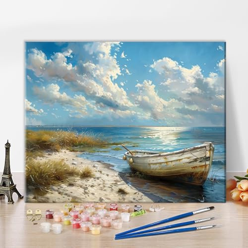 Boat Paint by Numbers for Adults, Beach Natural Landscape Paint by Numbers, Sunrise Beach DIY Art Paint by Numbers for Adults Beginners Oil Painting for Home Wall Decor Without Frame 16x20 Inch