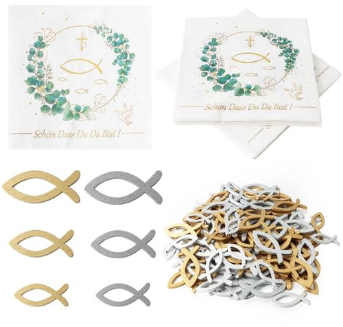 VINEST 40Pcs Servietten Mit 120 Holzfische Taufe Deko, Konfirmation, Eukalyptus Streudeko Fische Mädchen Junge, Kommunion Tischdeko 'Schön Dass Du Da Bist'