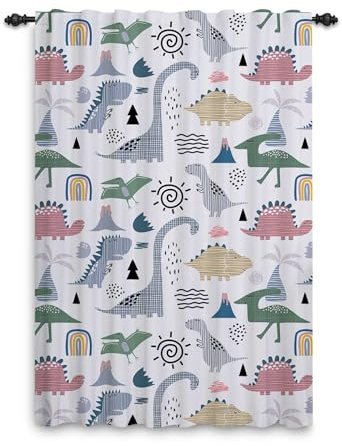 ggaimwf Dinosaurier-Vorhänge für Kinderzimmer Cartoon-Dino Jura-Wildtiere Süß Vulkan Fenstervorhänge Vorhänge mit Schlaufe Kinderzimmer Hängender Raumteiler Innenvorhang 135x175cm 1 Panel