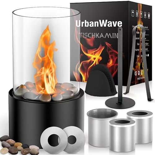 Tischkamin mit 2 verstellbaren Flammenringen,Tischfeuer für Indoor & Outdoor mit 2 Brennkammern bis 4H Brenndauer,Bio-Ethanol Kamin für Abendessen,Party,Balkon
