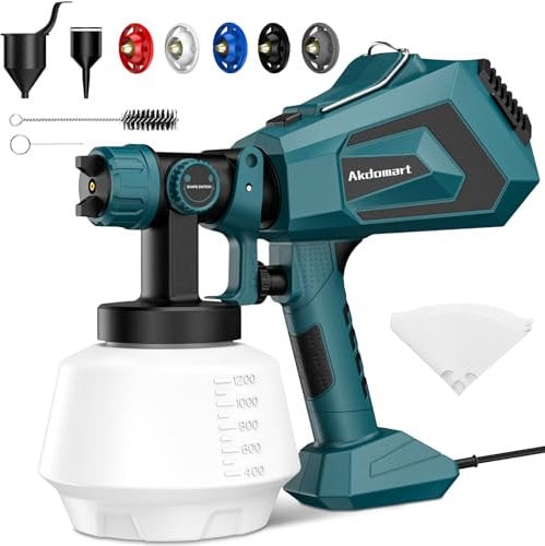 Akdomart Farbsprühsystem, 700W HVLP Farbsprühpistole mit 5 Düsen und 3 Sprühmuster, 1200ml Verstellbarem Farbfluss Lackierpistole Elektrisch für Zäune, Schränke, Wände, Decken, Möbel