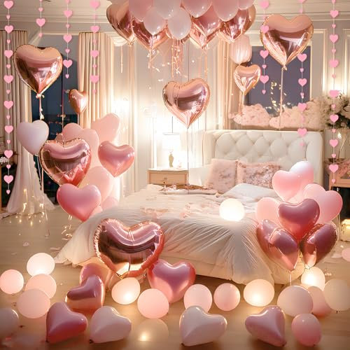 Tacobear Valentinstag Deko Set Herzluftballons Rosenblätter Herzanhänger Liebesflagge Romantische Dekoration für Valentinstag Hochzeitsdeko Verlobung Geburtstag Party (Rosa)