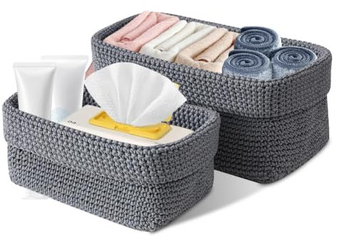 Aufbewahrungskorb Körbe, 2 Häkelkorb aus Kunstfaser Regalkörbe, Korb für Aufbewahrung Gewebte Bad Körbe Häkelkorb Häkelkorb für Küche, Bad, Regale, Brot (Anthrazit, M+L)