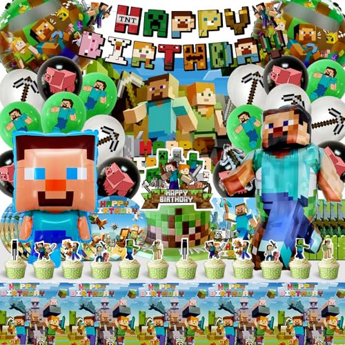 80pcs Deco Anniversaire Minecr, Decoration Fête Du Jeu Enfants, Décoration de Gâteau, Ballon Minecr Anniversaire Bannière Nappe