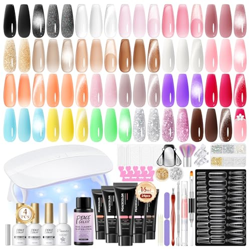 PEACECOLOR Poly Nägel Gel Set mit U V Lampe 24 Farben | 16 ml Poly Nagelgel Set mit Nagellampe, 30 ml Slip Solution Base Top Coat Komplettes Poly NagelgelSet für Anfänger