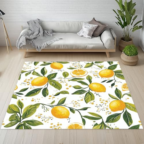 Dpvbffx Zitrone Fußmatte 50x80 cm | Landhaus Tropisch Obst Teppich Klein rutschfest, Frücht Pflanzen Blätter Teppich Kurzflor, Waschbarer Teppiche Gegend
