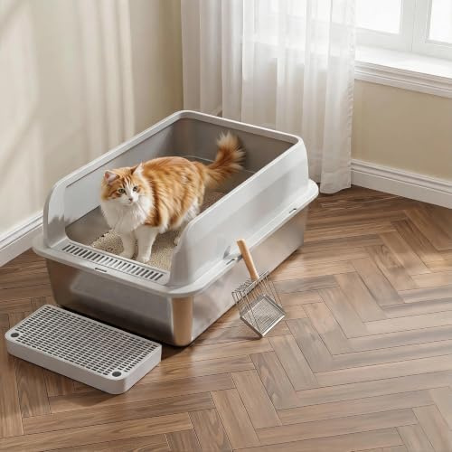 Klyvvo Katzenklo Edelstahl XL mit Doppelmatte, Metall Schaufel für Katzen | Katzentoilette mit Abnehmbares Hoher Rand, Auslaufsicher Gegen Verschüttungen Katzenklo, Leicht zu Reinigen, Geruchsfrei